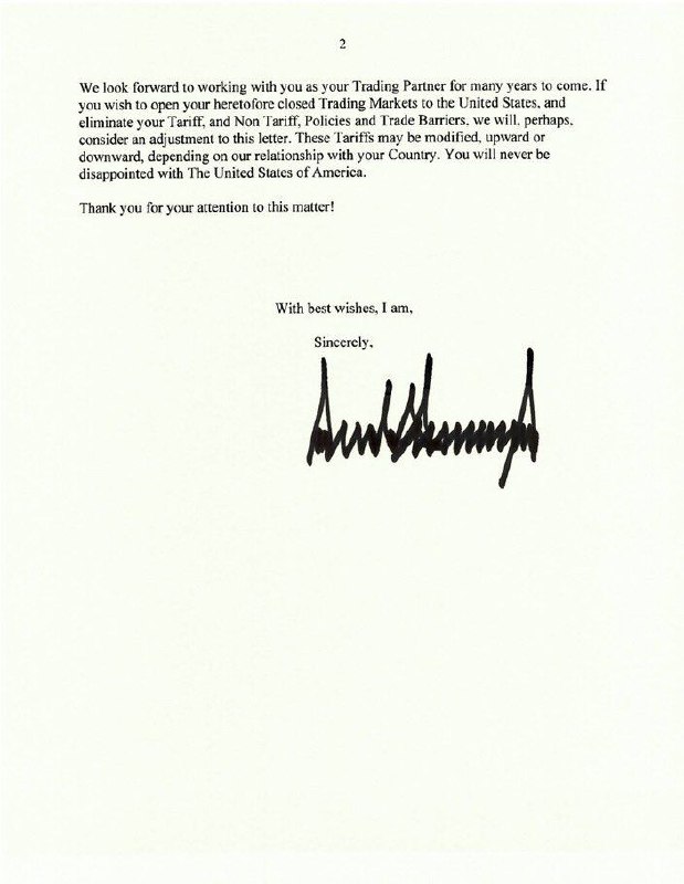 特朗普7月7日晚宣布，已分别致信韩国总统李在明和日本首相石破茂，告知美国将于8月1日起对日韩征收25%关税；并威胁称若日韩对美加征关税，美国将在25%的税率基础上追加同等税率