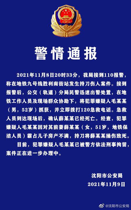 11月8日晚，沈阳地铁九号线胜利南街站发生持刀伤人案件