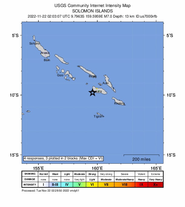 美国地质调查局测定，所罗门群岛（9.796°S 159.596°E）北京时间22日10:03发生7.0级地震，震源深度13.6千米