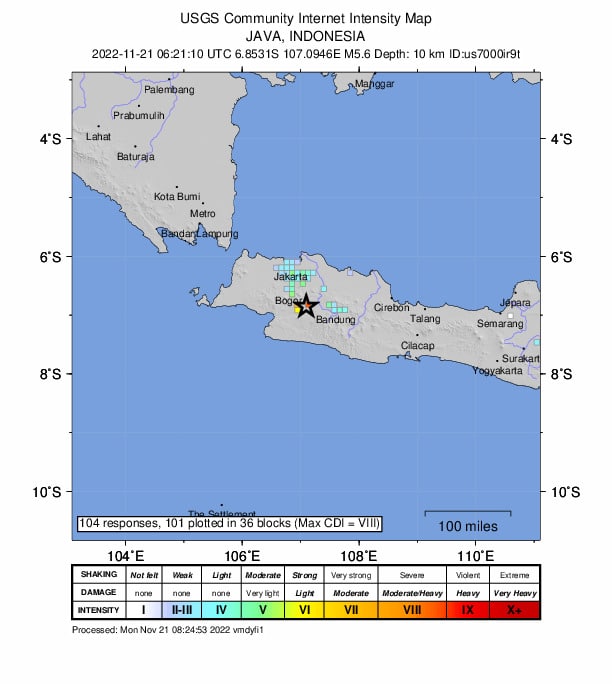 美国地质调查局测定，北京时间21日14时21分，印尼爪哇岛（南纬6.853度，东经107.095度）发生5.6级地震，震源深度10千米