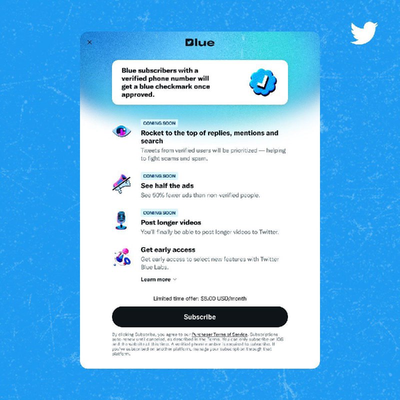 Twitter公司9日宣布，将从12日起重新推出订阅服务Twitter Blue的改进版本
