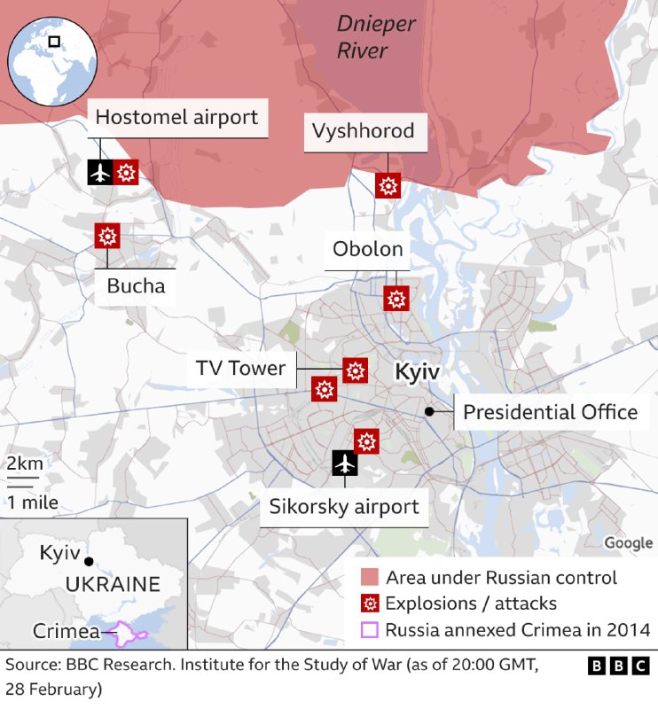 截至当地时间2月28日晚10时俄军入侵地图