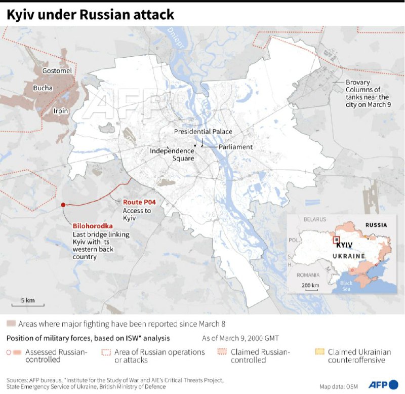 英国国防部整理更新截至当地时间3月10日的俄军推进态势与法新社总结截至3月9日20时的基辅周边局势