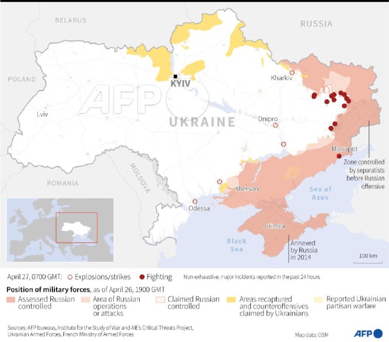 法新社整理总结至北京时间4月27日15点的乌克兰局势图