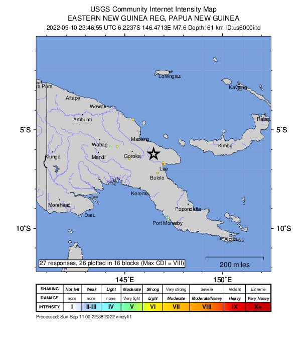 美国地质调查局测定，北京时间今天7时46分，巴布新几内亚东部（南纬6.400度，东经146.500度）发生里氏7.6级地震，震源深度61.4千米，地震烈度VIII（极强）