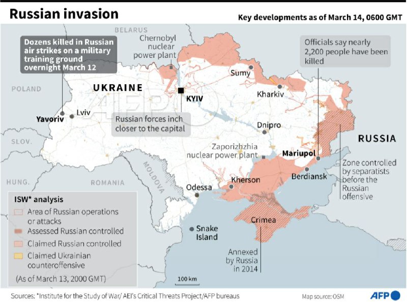 英国国防部整理更新截至当地时间3月14日的俄军推进态势与法新社总结截至当地时间3月14日8时的乌克兰局势发展