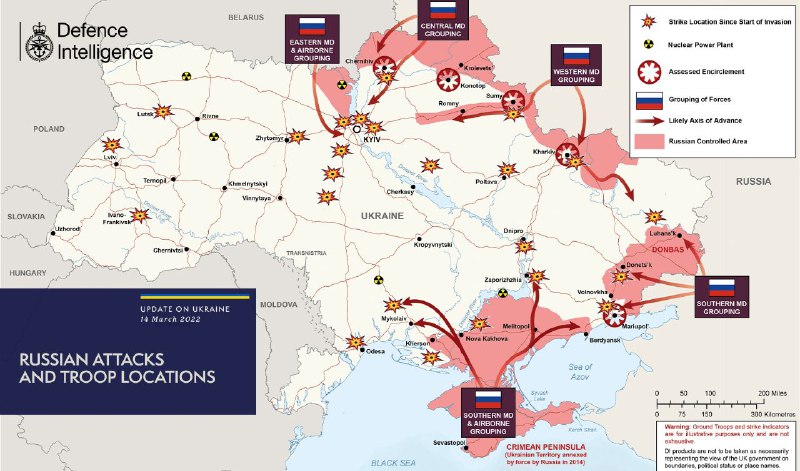 英国国防部整理更新截至当地时间3月14日的俄军推进态势与法新社总结截至当地时间3月14日8时的乌克兰局势发展