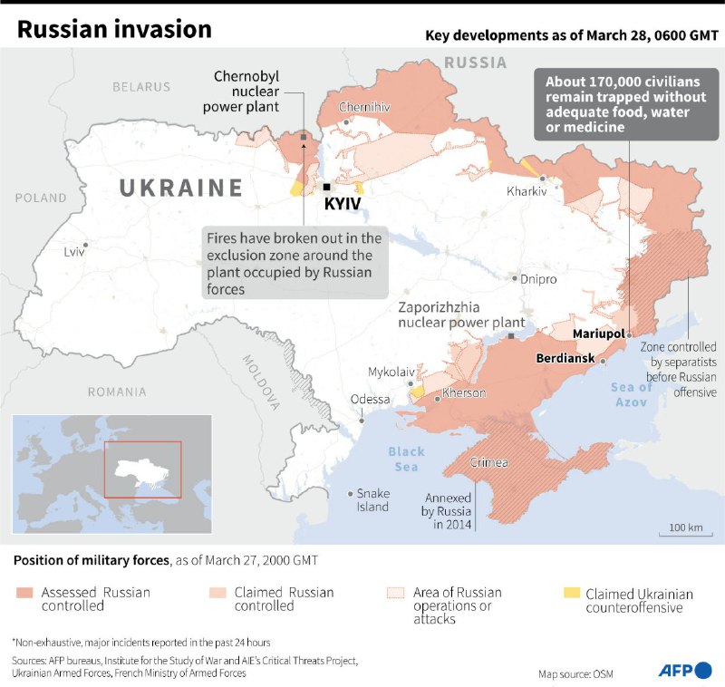 截至当地时间3月28日上午8点的乌克兰局势图