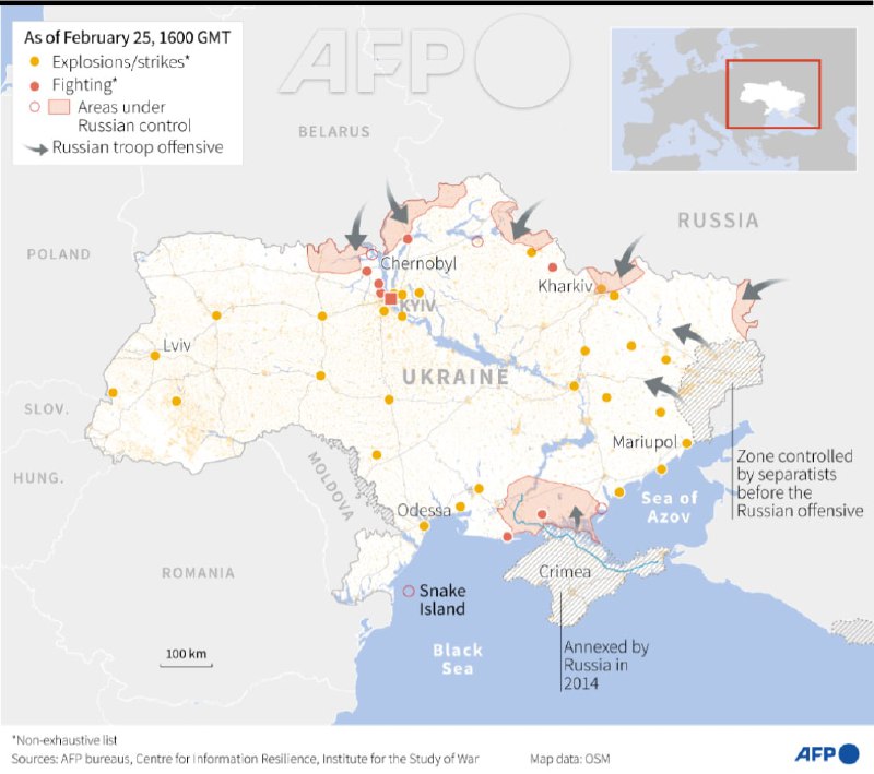 截至当地时间晚上6点的俄军入侵地图