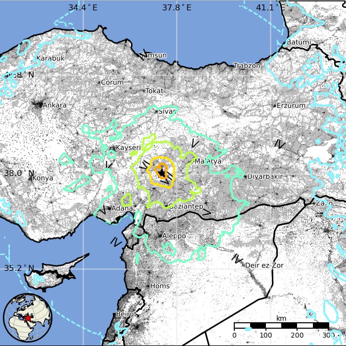 美国地质调查局测定，北京时间2月6日18时24分在土耳其Ekinözü地区附近（38.024°N 37.203°E）发生7.5级地震，震源深度10千米