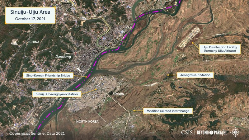卫星图像显示，朝鲜正将义州一处空军基地改建为集装箱消杀场，为恢复朝中铁路运输提供条件