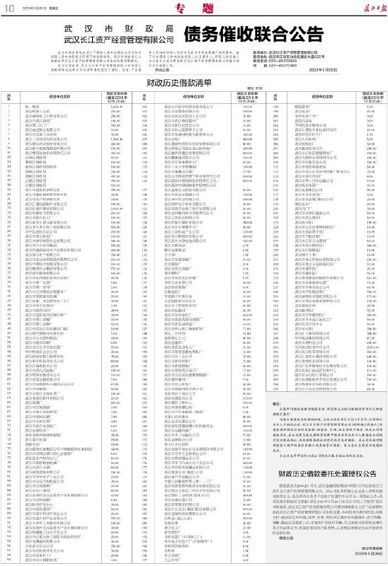 5月26日，武汉市财政局、武汉长江资产经营管理有限公司在《长江日报》发布一整个版面的债务催收联合公告
