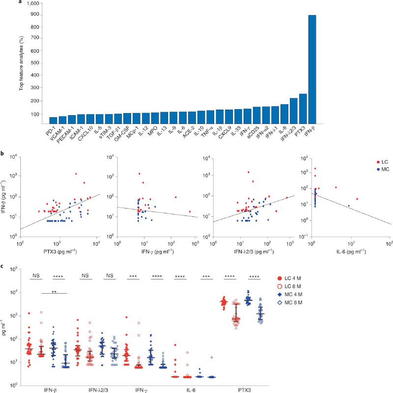 澳洲研究者分析“后新型肺炎综合征”（long COVID）患者的病症，发现其相比常人，出现非特异免疫高度活化、缺乏幼稚T细胞和B细胞、Ⅰ类和Ⅲ类干扰素（IFN-β及IFN-λ1）持续较高，提示免疫系统产生长期炎症反应，一直持续至康复8个月以上